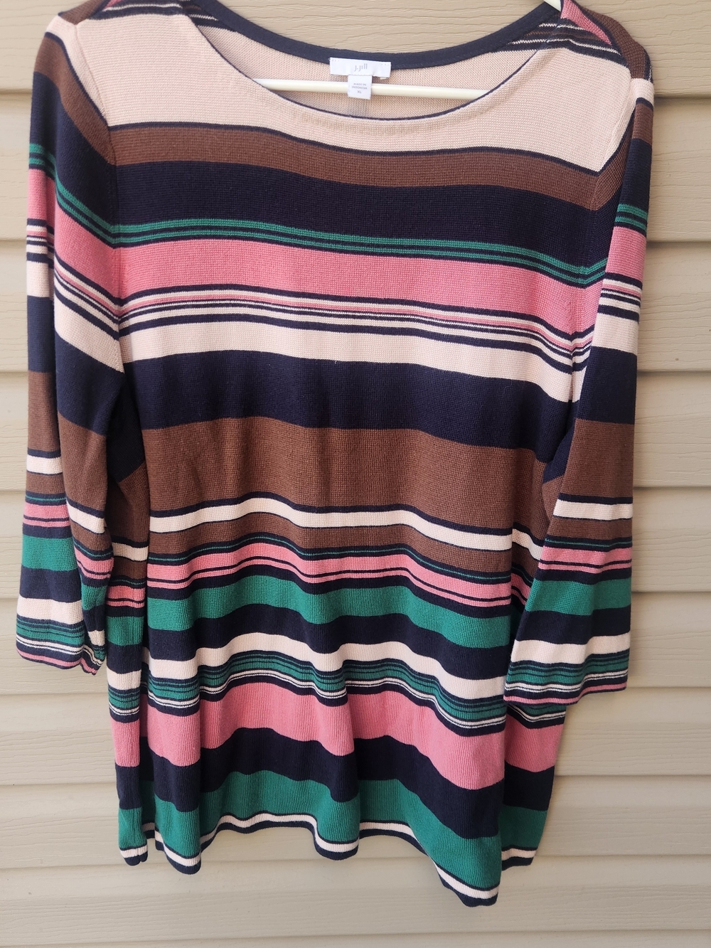 J. Jill Striped Navy, Pink, Green & Brown Quarter Sleeve Top Casual Cotton Summe